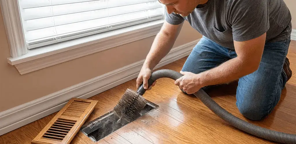 Air duct cleaning technician vacuuming a floor vent and duct opening in Rockford, IL