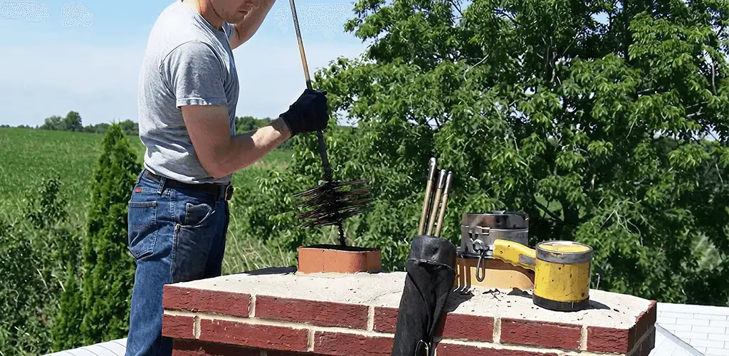 Chimney cleaning technician working on a rooftop chimney with professional tools in Rockford, IL