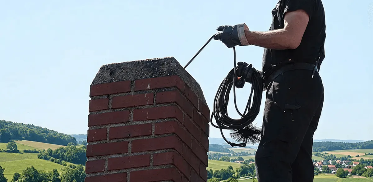 Chimney sweep inspecting and cleaning a rooftop chimney in Rockford, IL