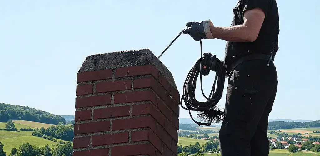 Chimney sweep inspecting and cleaning a rooftop chimney in Rockford, IL