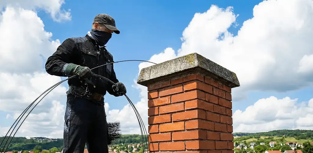 Chimney sweep cleaning a brick chimney with professional tools in Rockford, IL