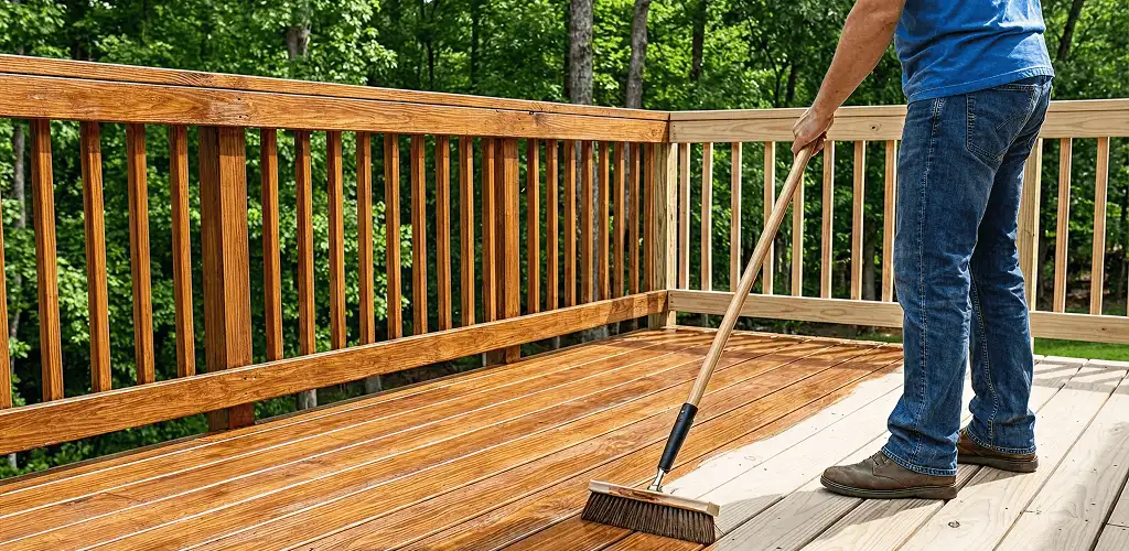 Deck staining and sealing application on a wood deck in Rockford, IL