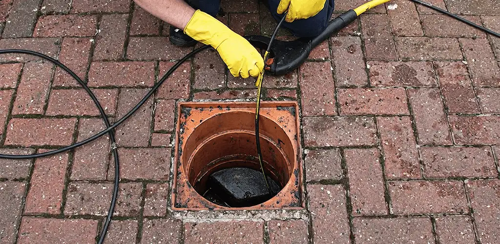 Drain cleaning technician using a drain snake to clear a clogged drain in Rockford, IL