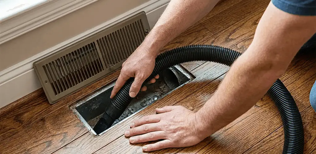 Air duct cleaning technician vacuuming a floor register and duct opening in Rockford, IL