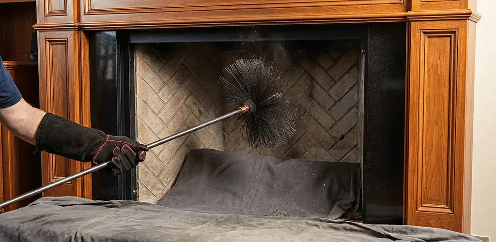 Chimney cleaning service brushing soot from a fireplace and flue in Rockford, IL