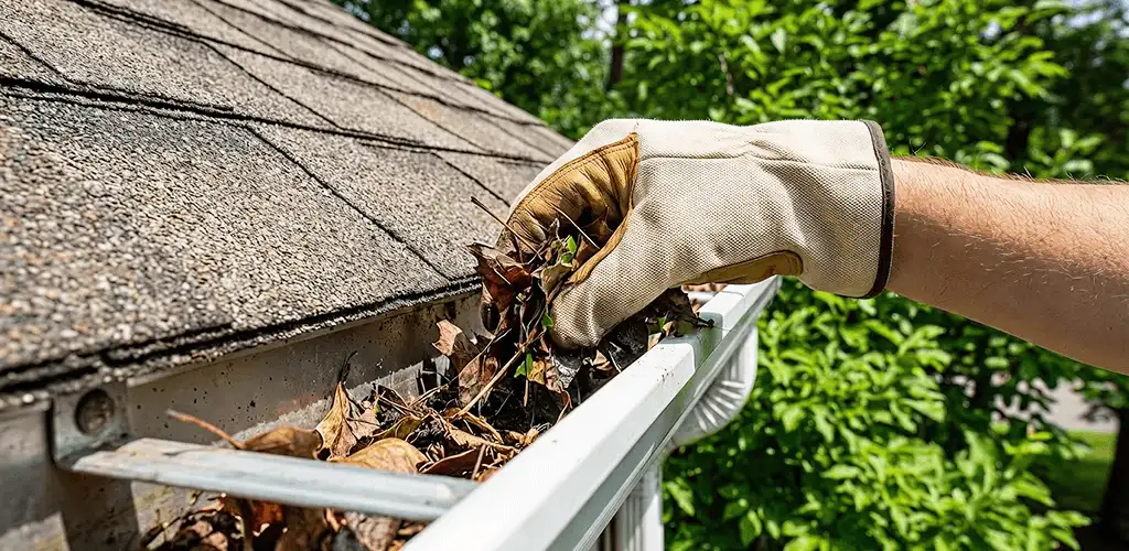 Gutter cleaning removing leaves and debris from roof gutters in Rockford, IL