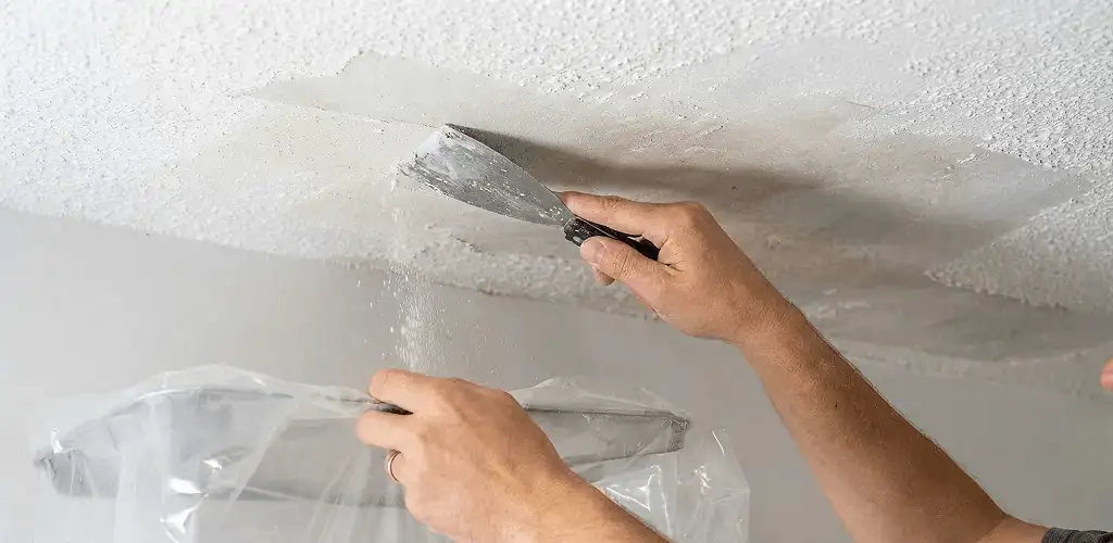 Popcorn ceiling removal technician scraping texture from a ceiling in Rockford, IL