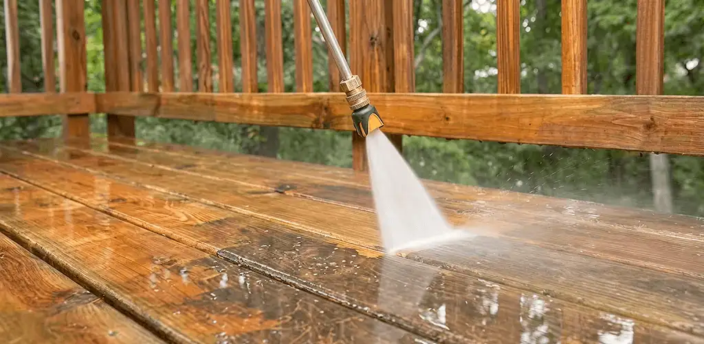 Pressure washing a wood deck to remove dirt and buildup in Rockford, IL