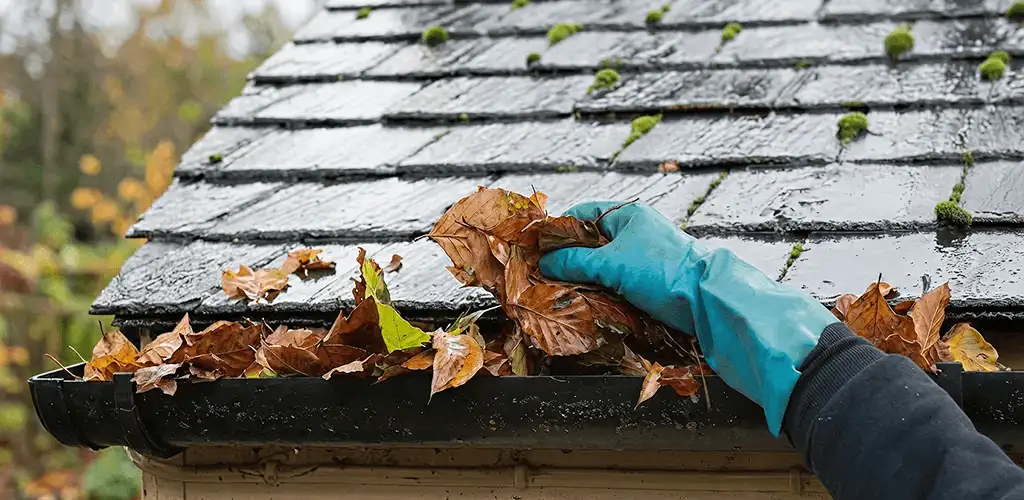 Gutter cleaning technician clearing wet leaves from roof gutters in Rockford, IL