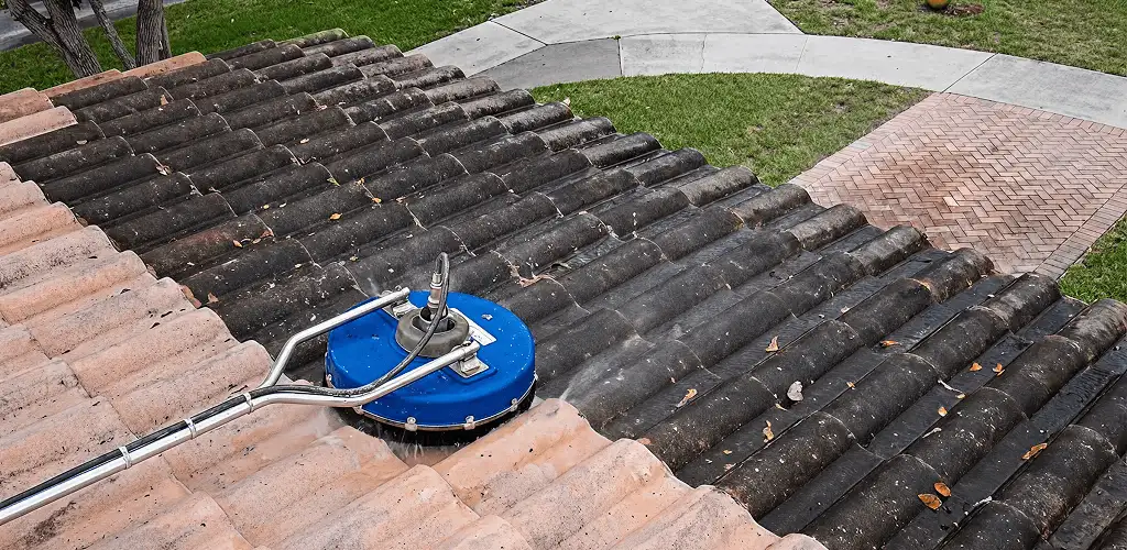 Roof pressure cleaning removing debris and buildup from roof tiles in Rockford, IL