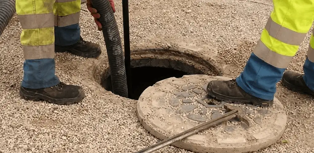 Drain cleaning crew clearing a sewer access point with professional equipment in Rockford, IL