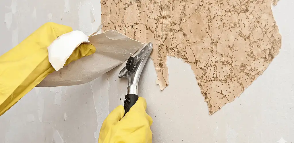 Wallpaper removal service stripping old wallpaper from a wall in Rockford, IL